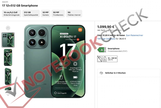 Xiaomi 17 512GB variant will cost €1,099 in Europe